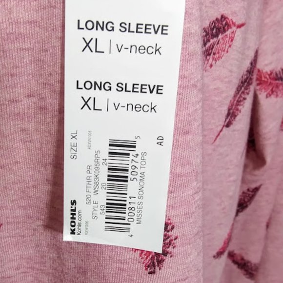 *SONOMA WOMEN'S TEE TOP LONG SLEEVE, PINK W/ FEATHERS - Picture 7 of 7